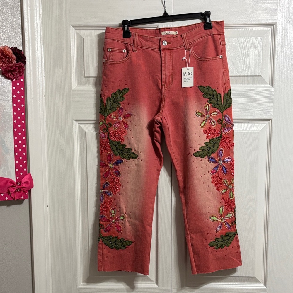 Embroidered Coral Cropped Jeans with Leaf & Floral embroidery and beading